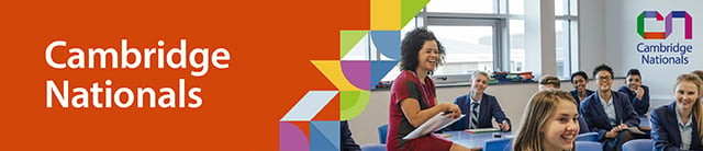 Cambridge Nationals email header image of a teacher and group of students.