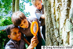 3 students examining a tree with a magnifying glass