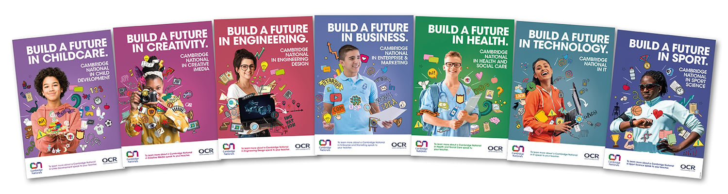 A selection of careers and course content posters featuring students