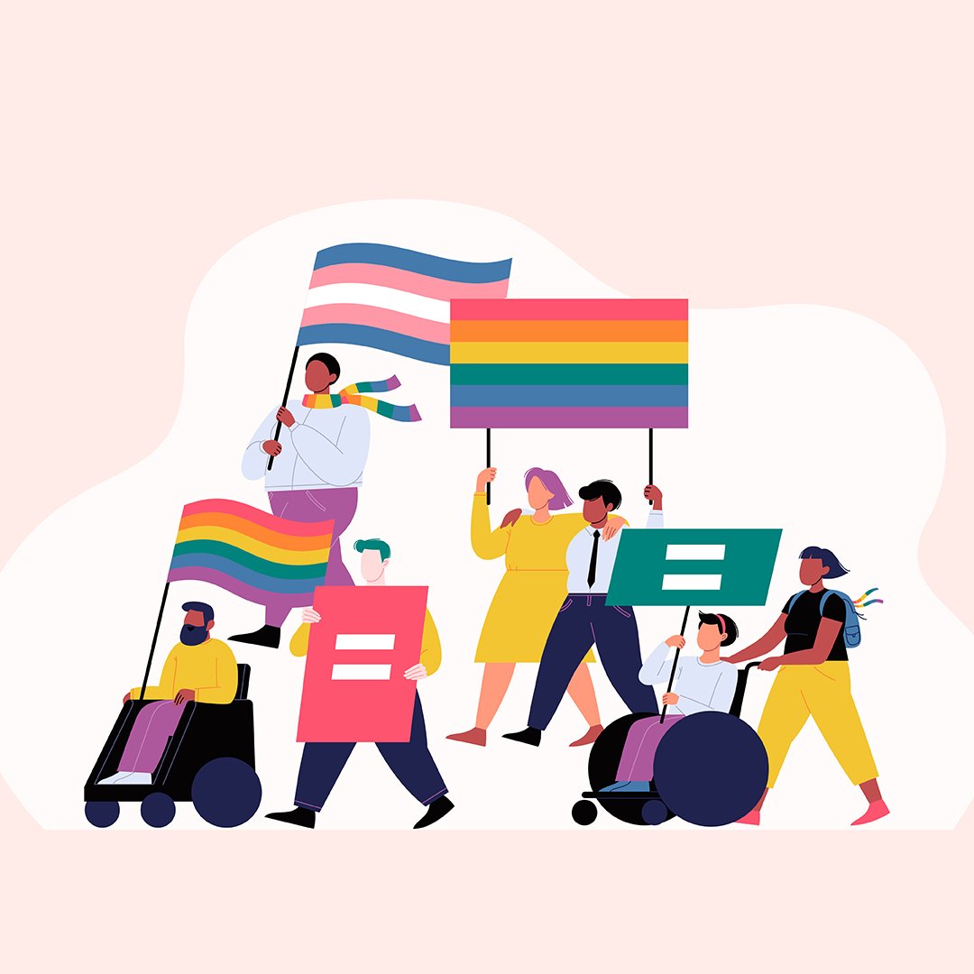 6 diverse people icons with equality flags and symbols